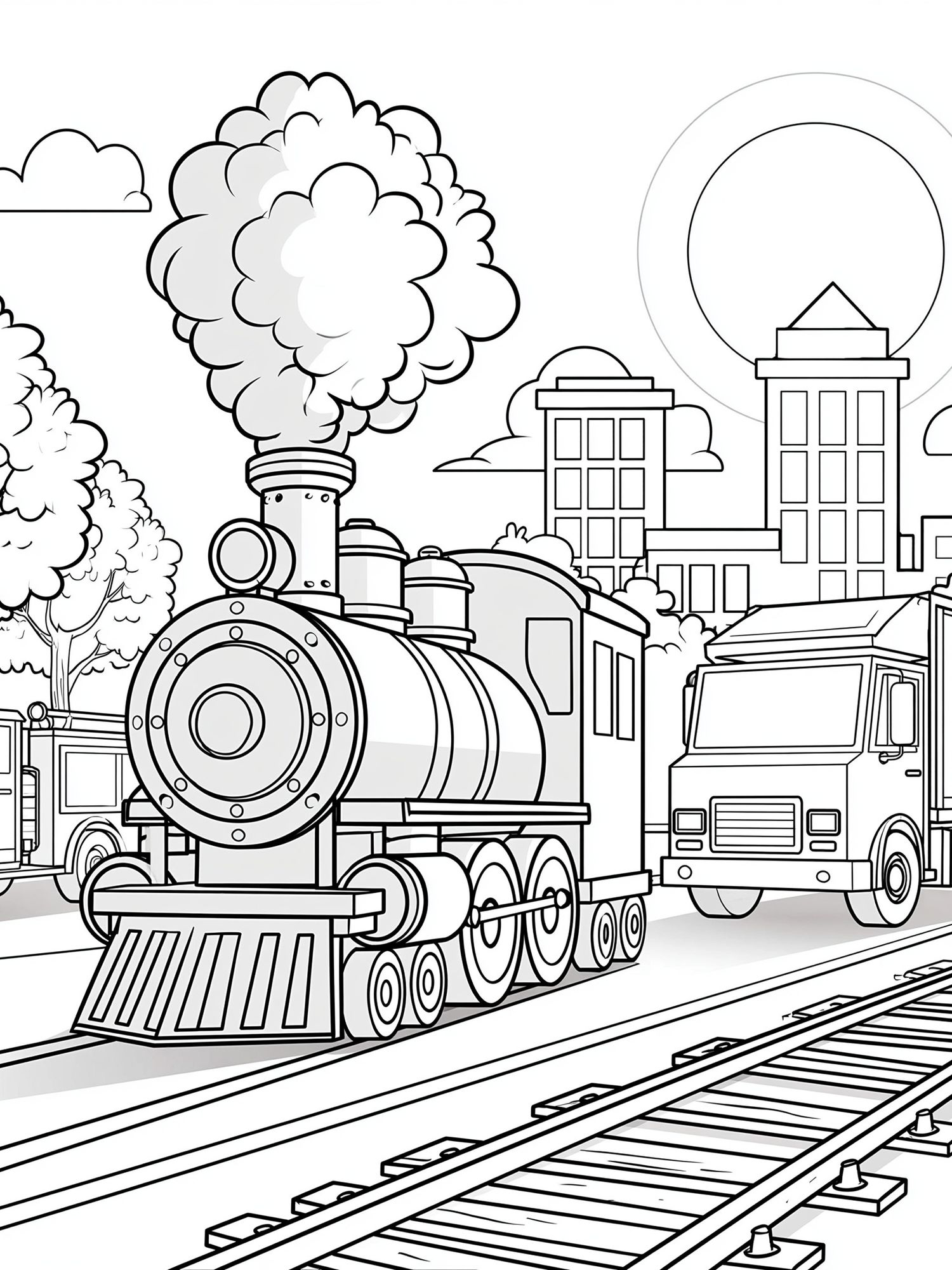 Steam Train Cityscape Coloring Poster. poster — kids art