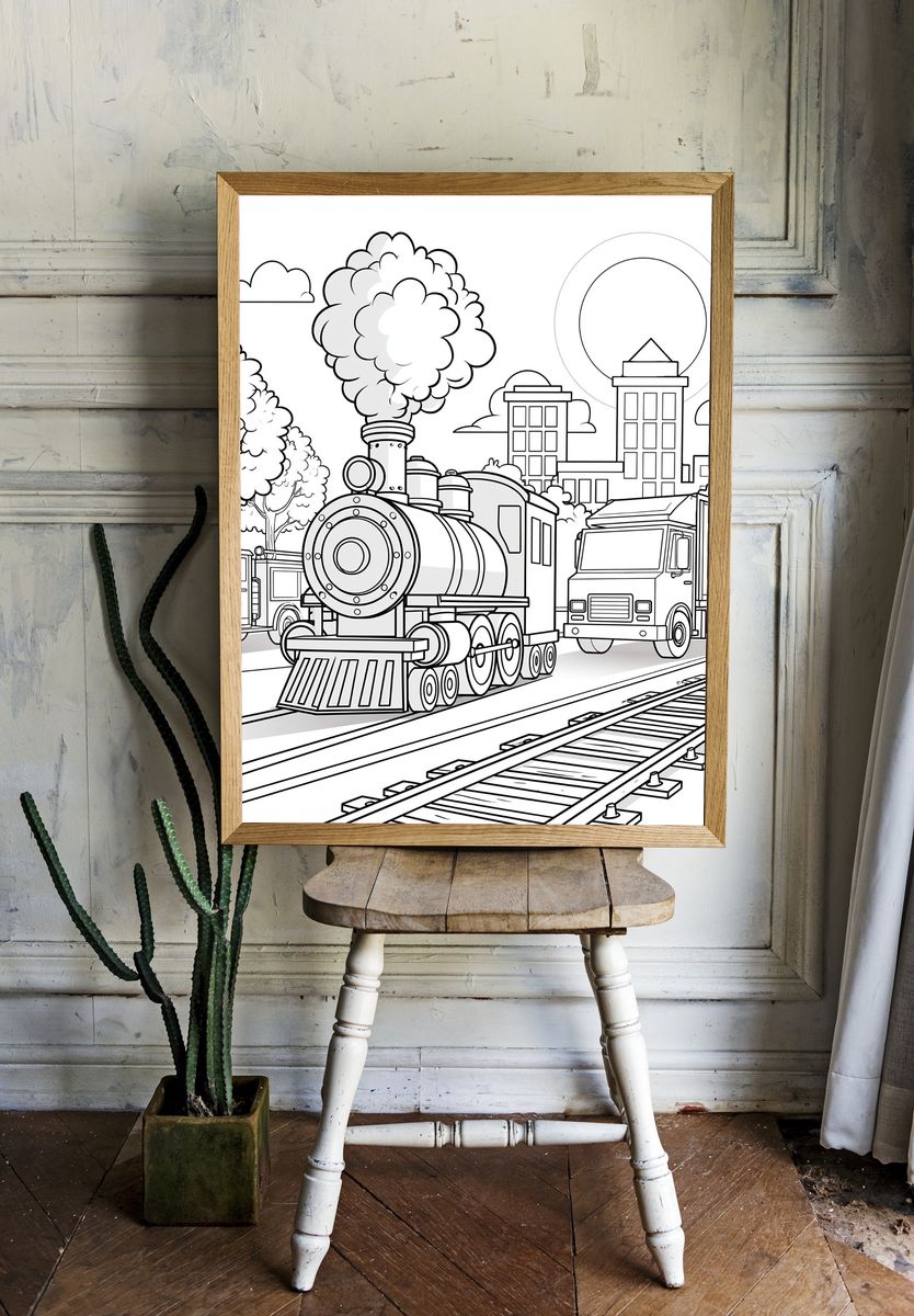 Steam Train Cityscape Coloring Poster. room preview