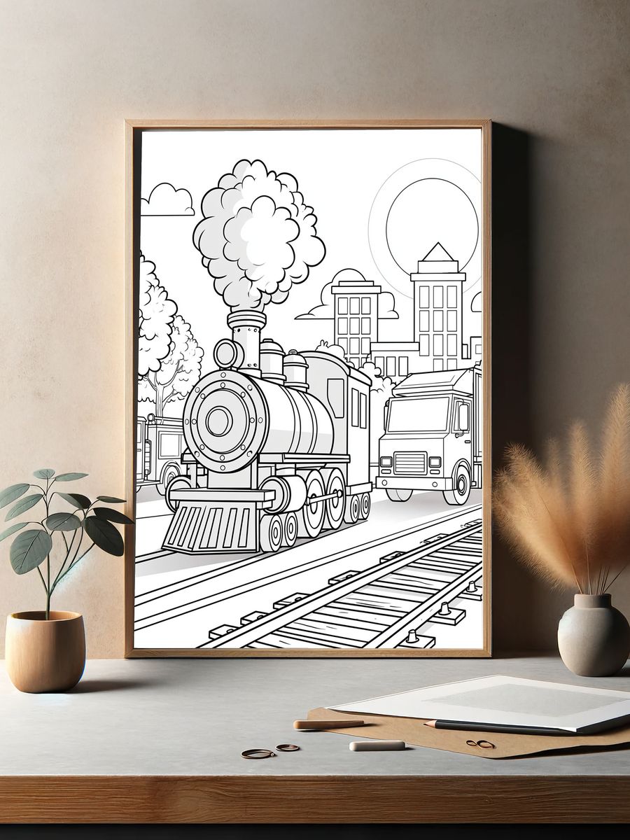 Steam Train Cityscape Coloring Poster. — room view 2