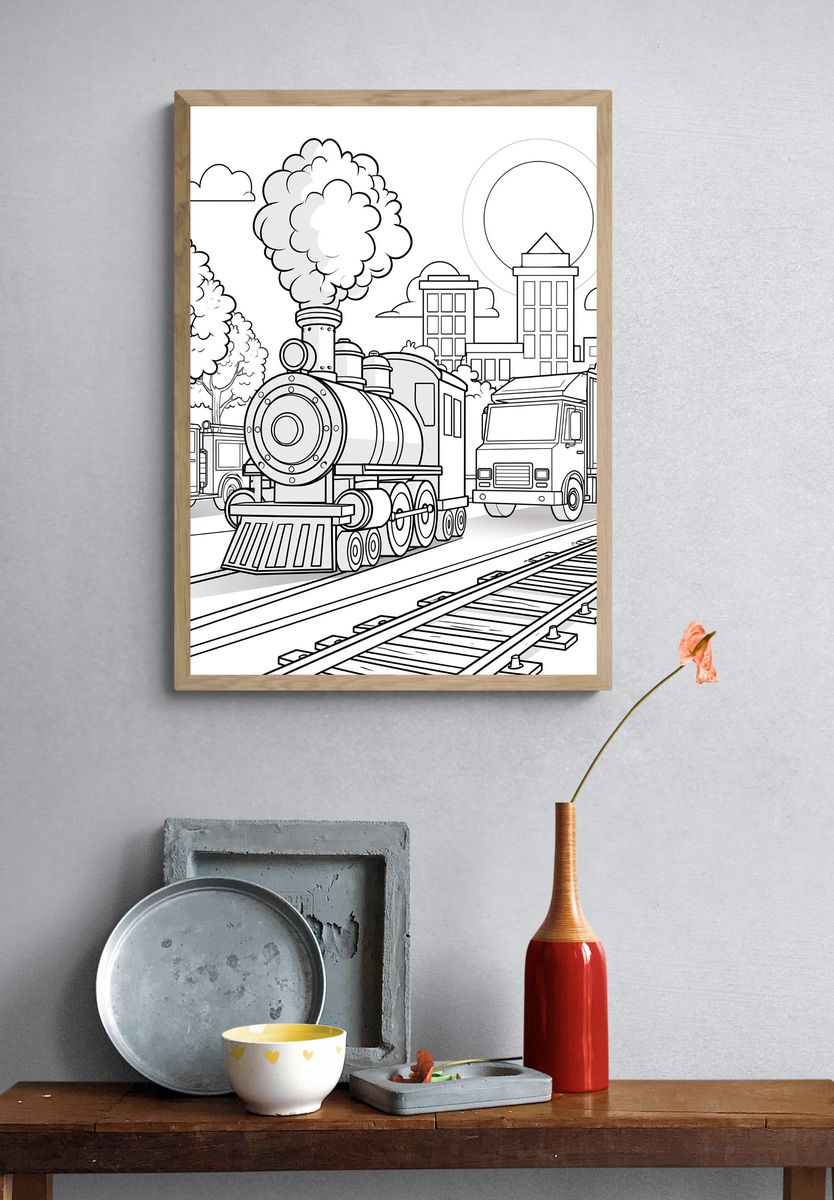 Steam Train Cityscape Coloring Poster. — room view 3