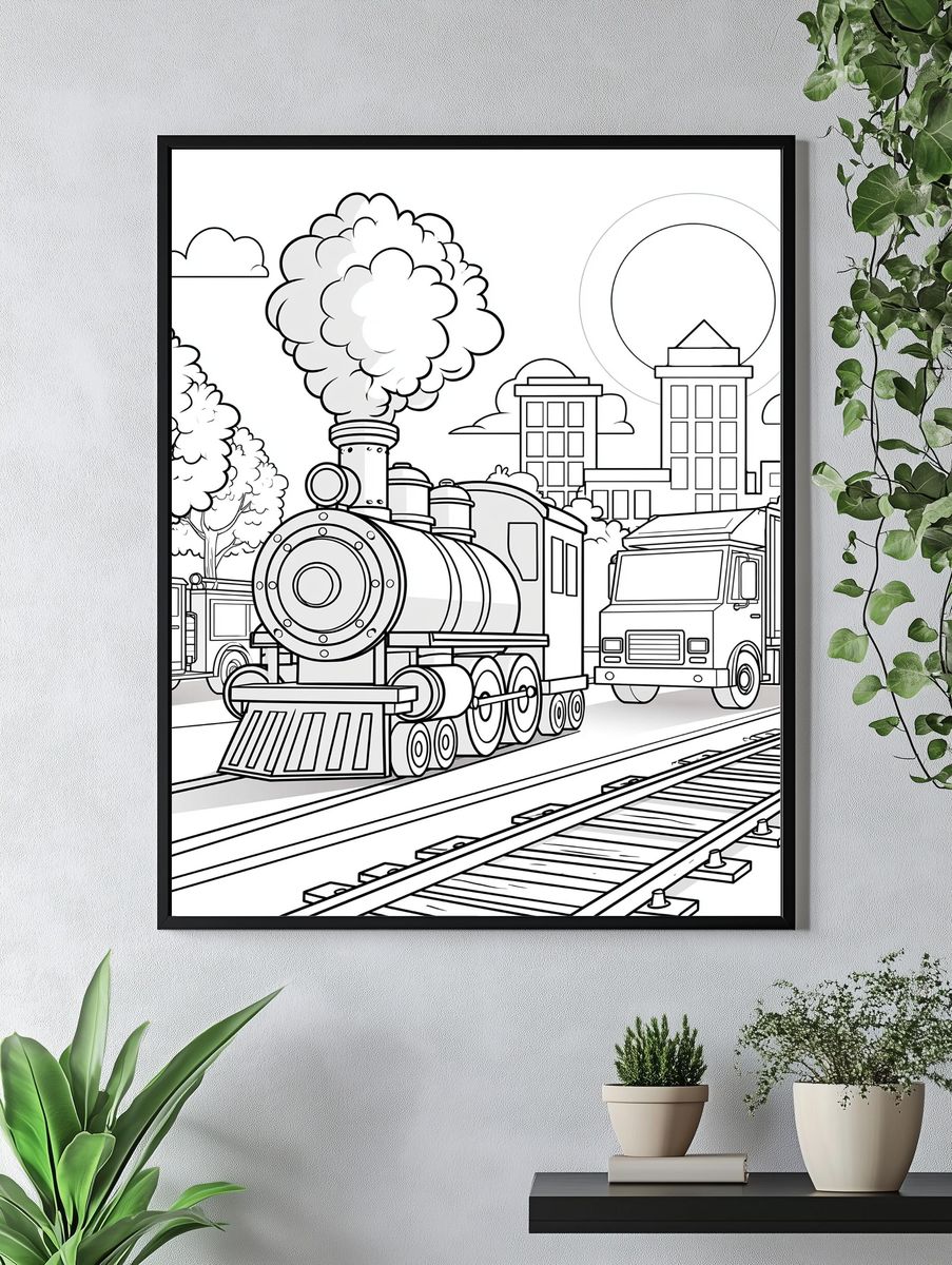 Steam Train Cityscape Coloring Poster. — room view 4