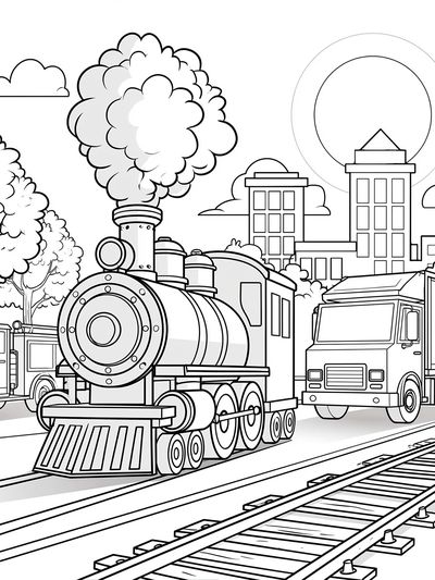 Steam Train Cityscape Coloring Poster. poster