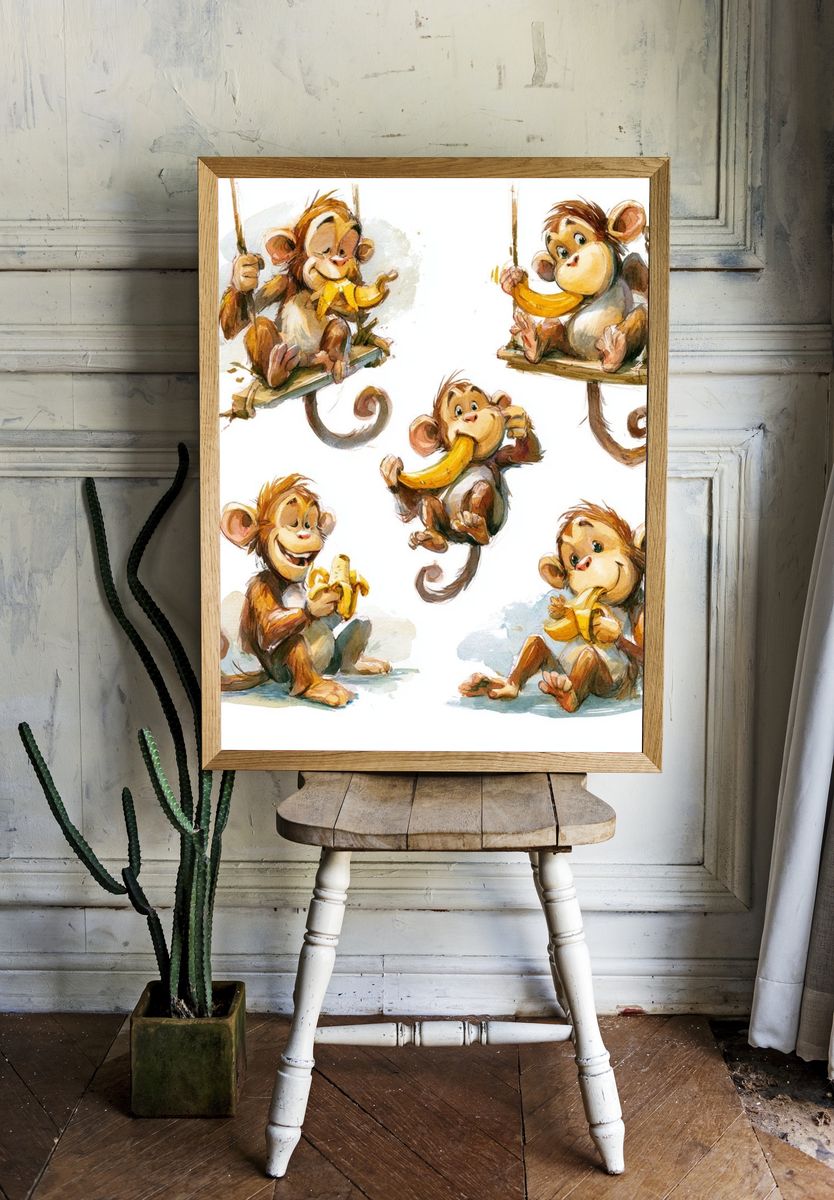 Playful Monkeys Watercolor Poster. room preview