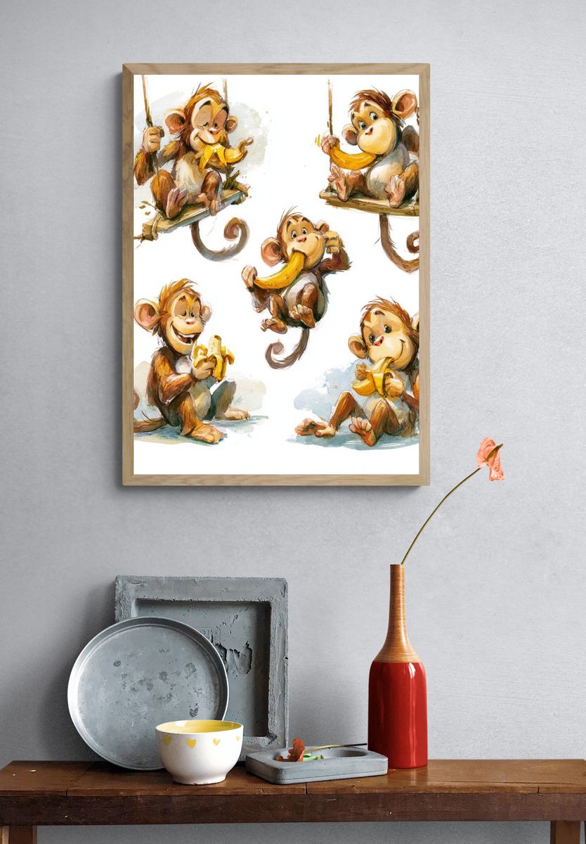 Playful Monkeys Watercolor Poster. — room view 3