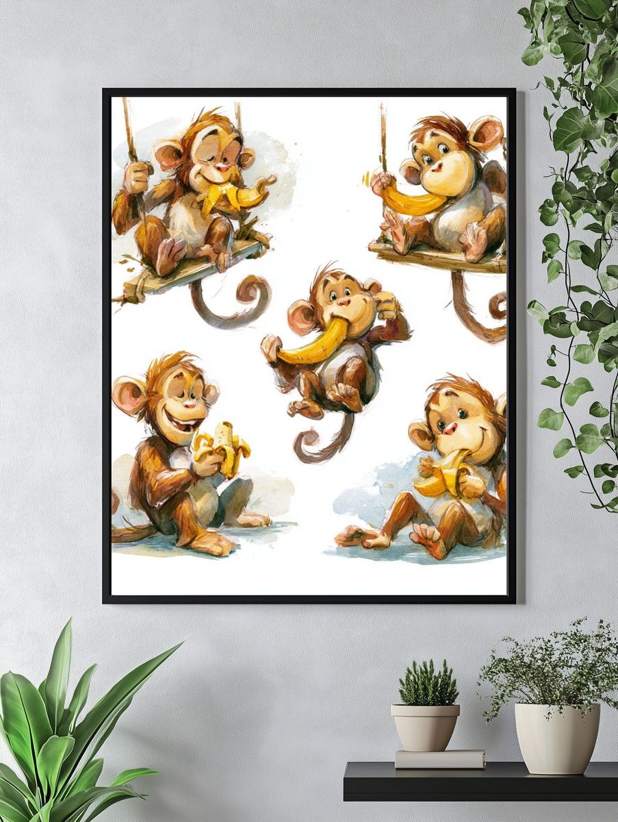 Playful Monkeys Watercolor Poster. — room view 4