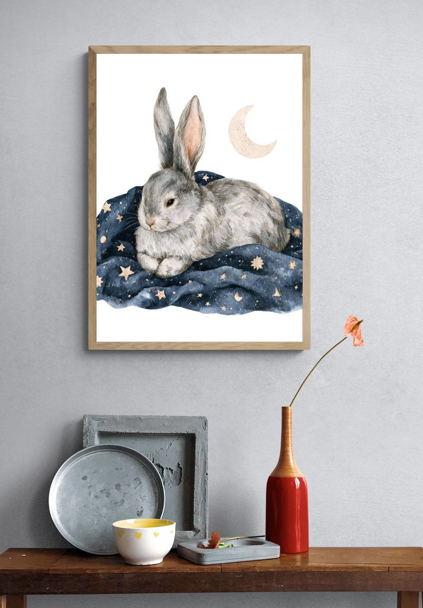 Moonlit Rabbit Nursery Print. — room view 3