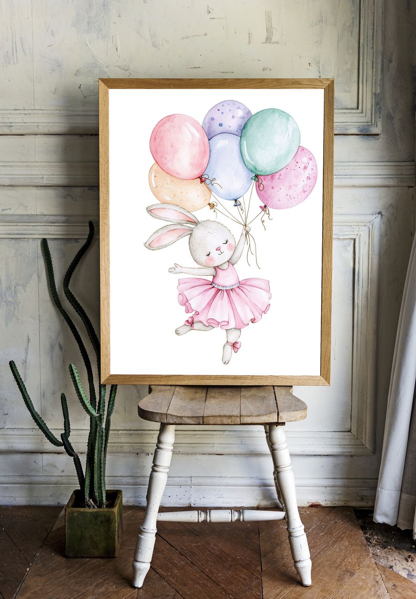 Bunny with Balloons Watercolor Print. — room view 1
