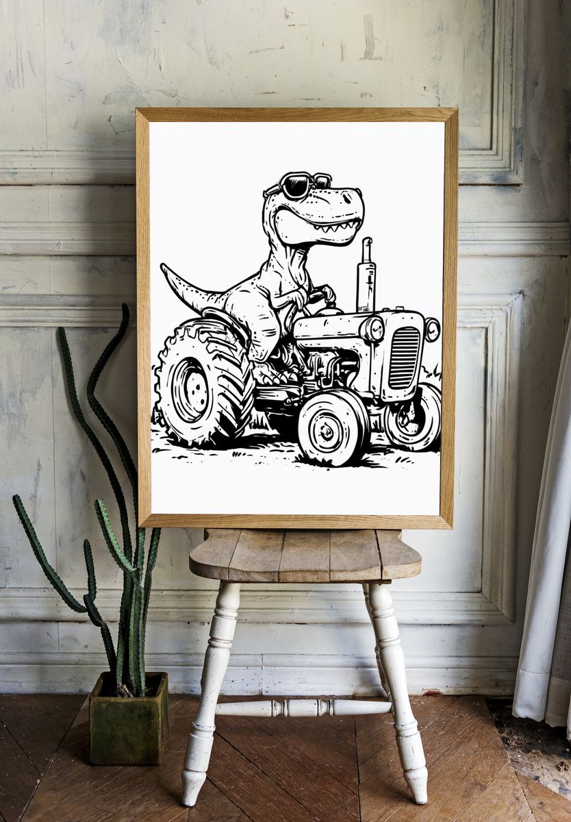 Cool Dino Tractor Illustration Poster. room preview