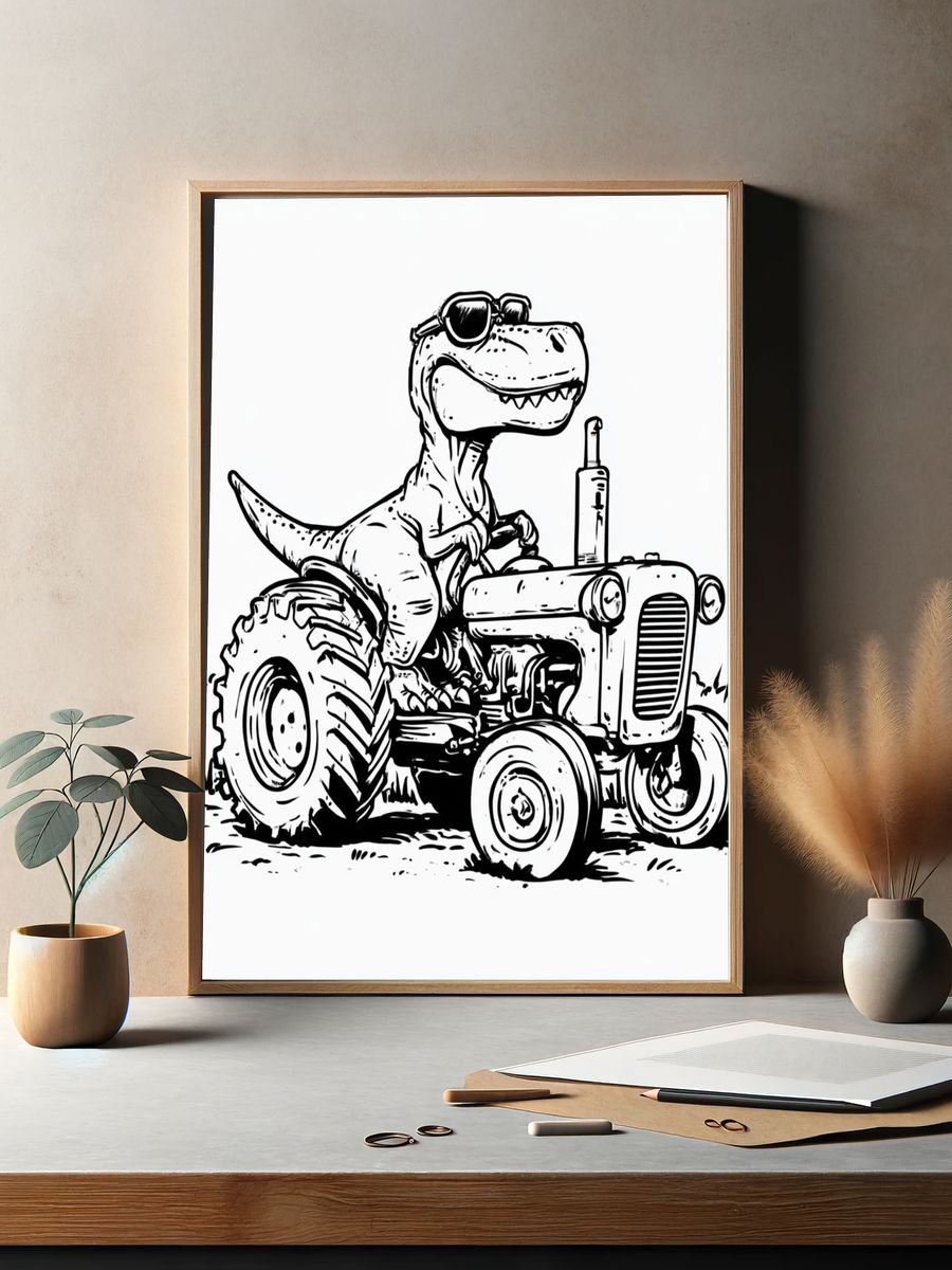 Cool Dino Tractor Illustration Poster. — room view 2