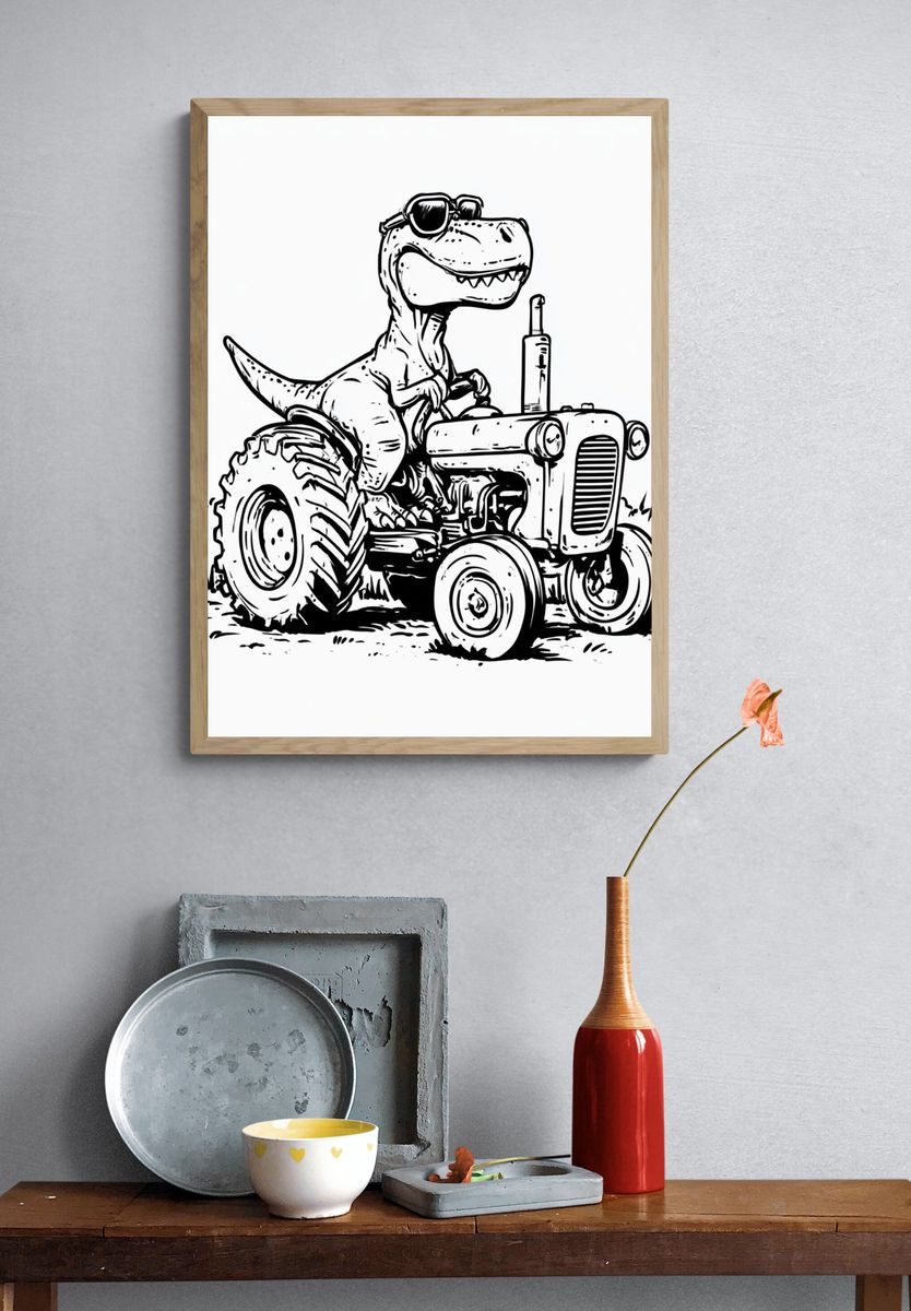 Cool Dino Tractor Illustration Poster. — room view 3