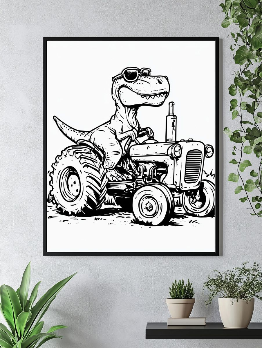 Cool Dino Tractor Illustration Poster. — room view 4