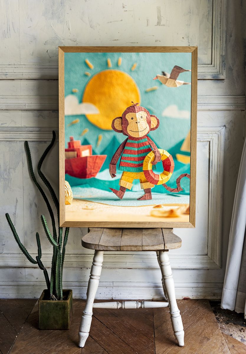 Playful Monkey Beach Scene Poster. room preview