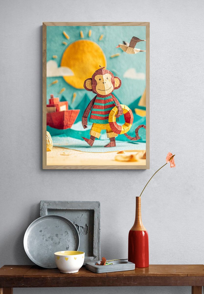 Playful Monkey Beach Scene Poster. — room view 3