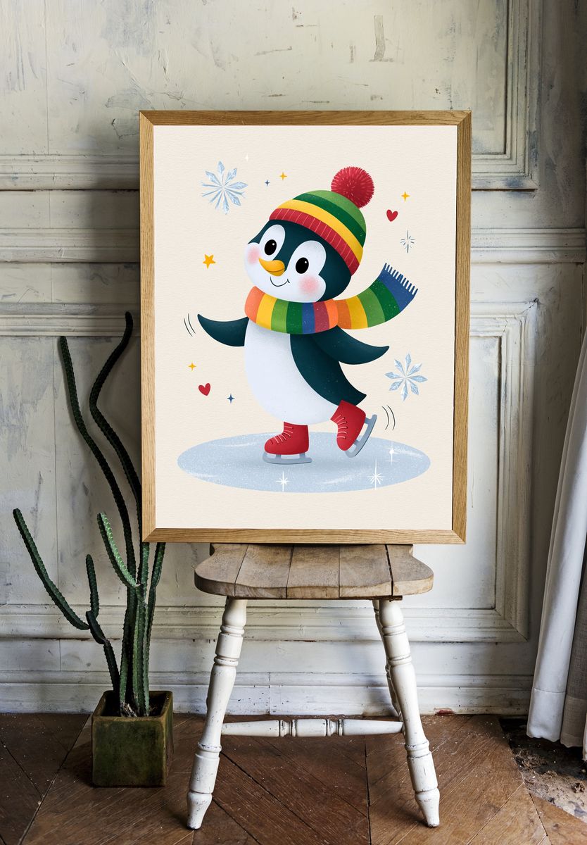 Skating Penguin Kids Room Print. room preview