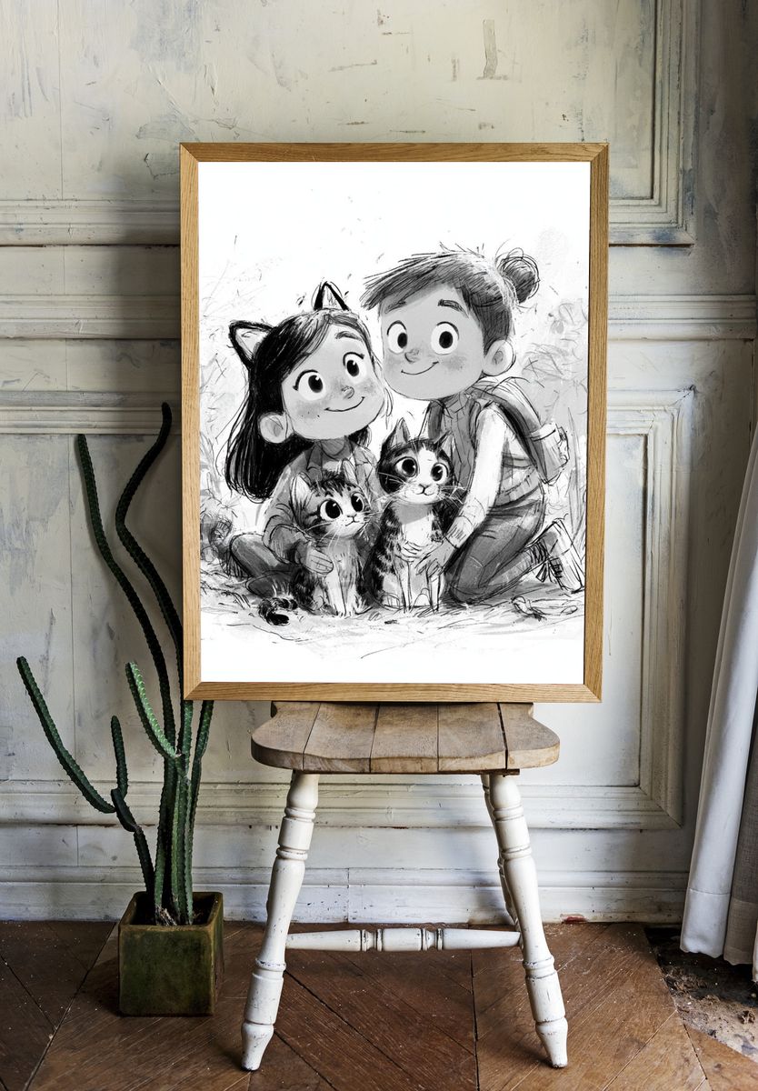 Cat-Loving Kids Illustration Poster. room preview