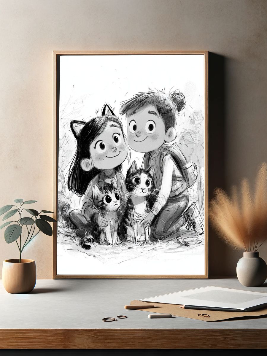 Cat-Loving Kids Illustration Poster. — room view 2