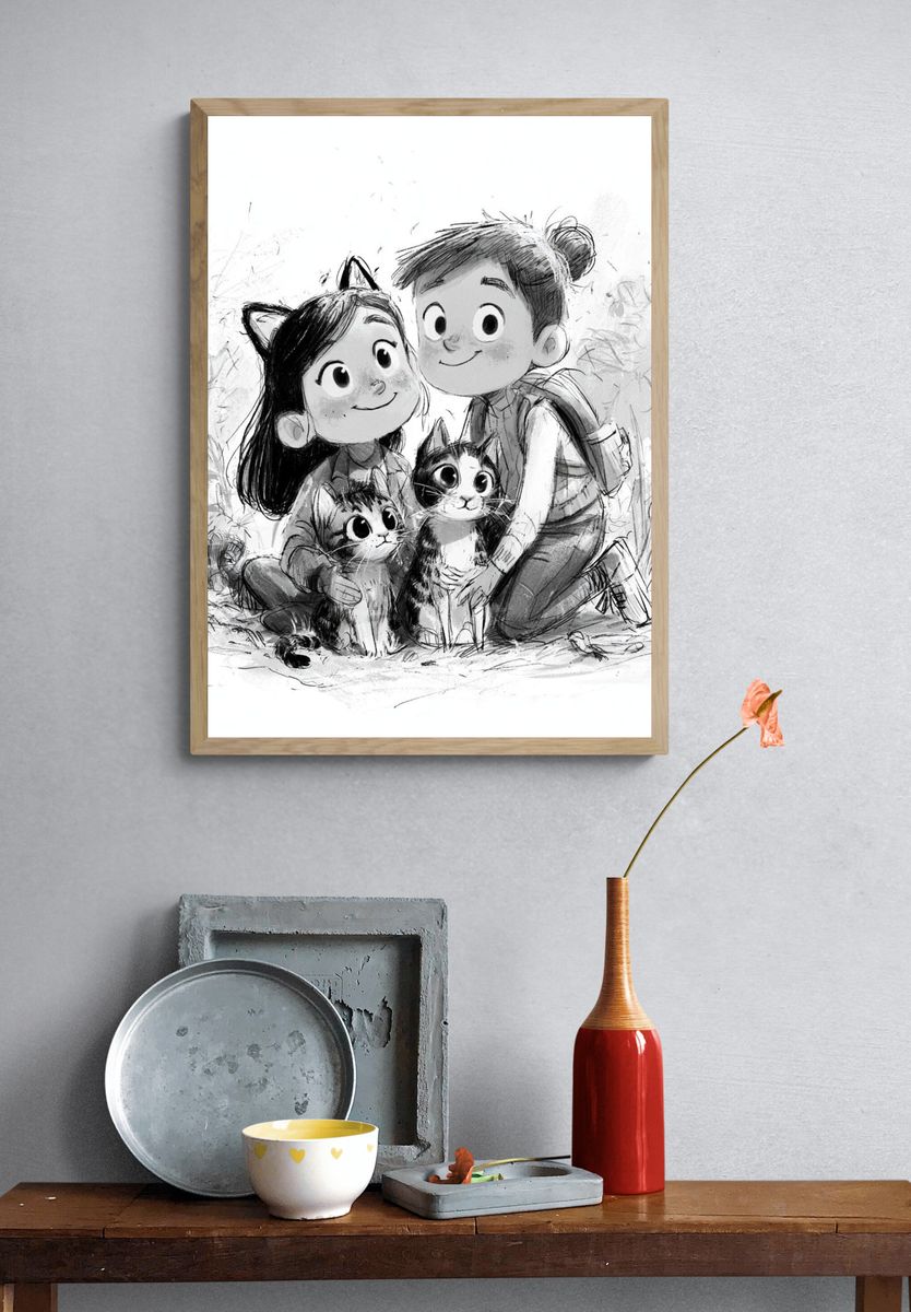 Cat-Loving Kids Illustration Poster. — room view 3