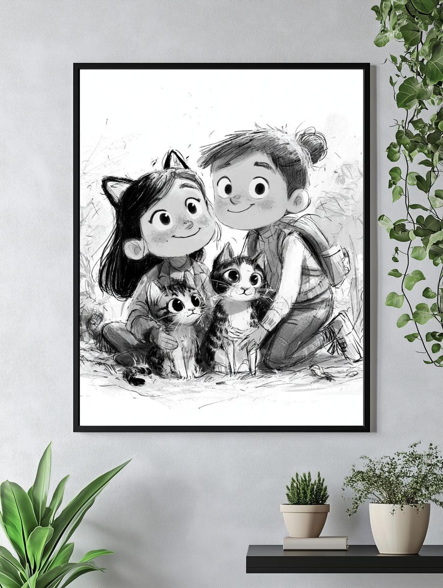 Cat-Loving Kids Illustration Poster. — room view 4