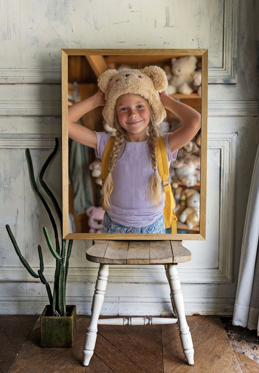 Happy Girl with Teddy Bear Hat — Kids Print room preview