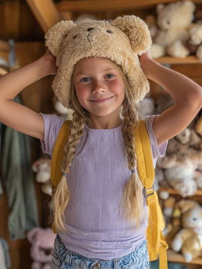 Happy Girl with Teddy Bear Hat — Kids Print. poster print