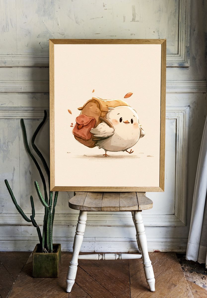 Cute Chick with Backpack Illustration Poster. — room view 1