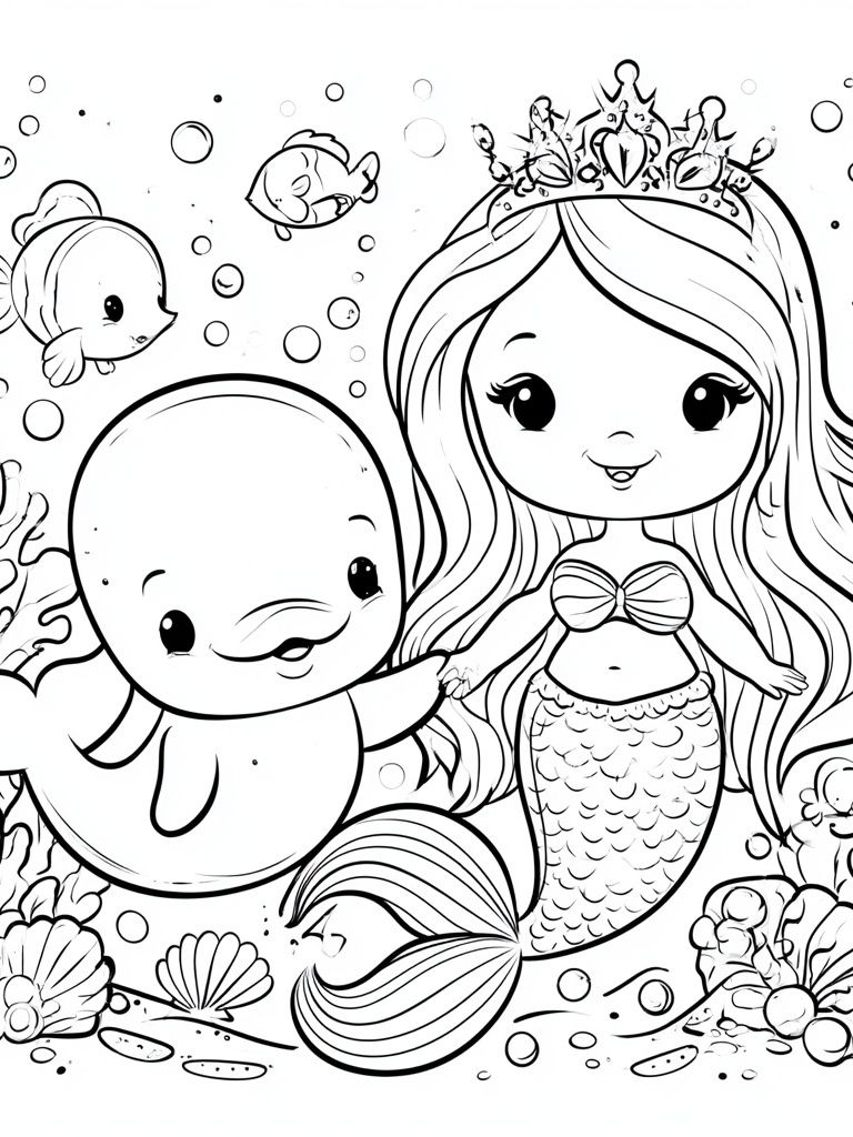 Cute Mermaid and Dolphin Coloring Poster. poster detail