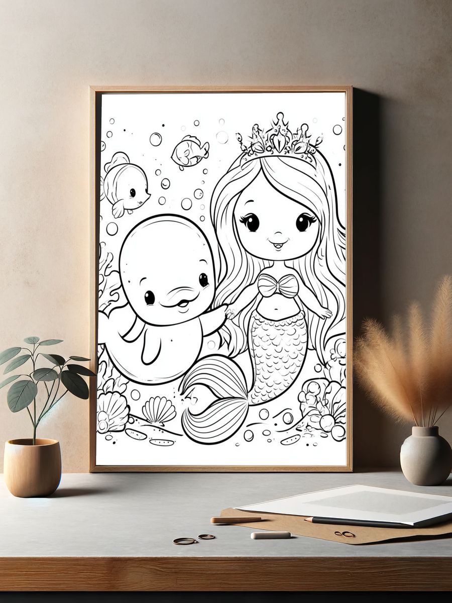 Cute Mermaid and Dolphin Coloring Poster. — room view 2