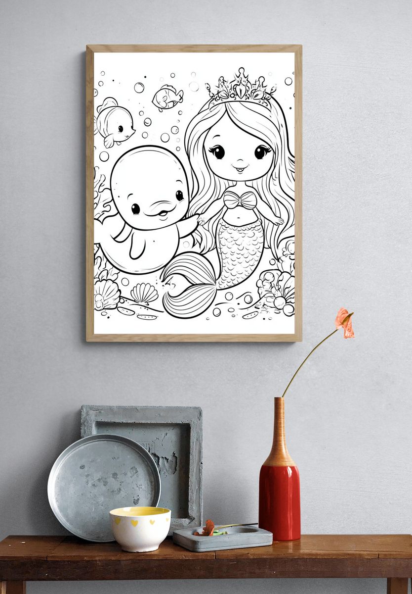 Cute Mermaid and Dolphin Coloring Poster. — room view 3
