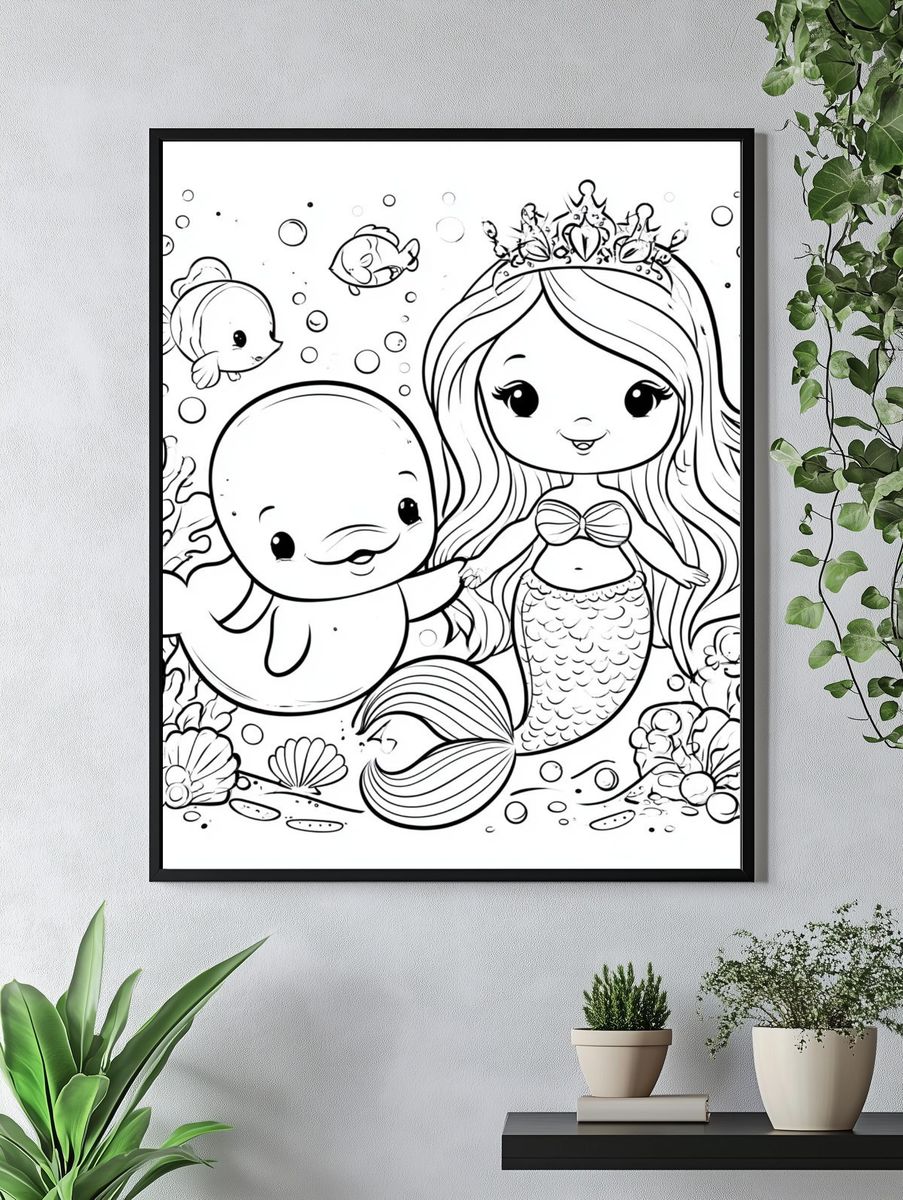Cute Mermaid and Dolphin Coloring Poster. — room view 4