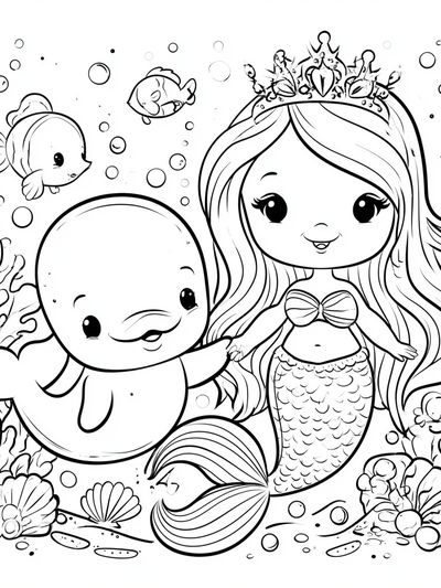 Cute Mermaid and Dolphin Coloring Poster. poster print