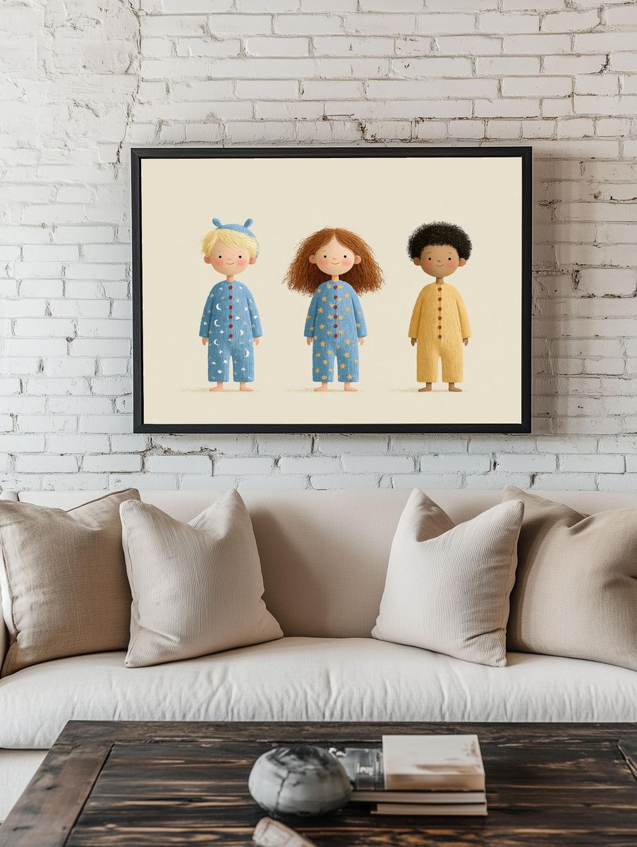 Three Children in Pajamas Illustration Print. — room view 1