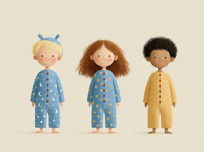 Three Children in Pajamas Illustration Print. poster