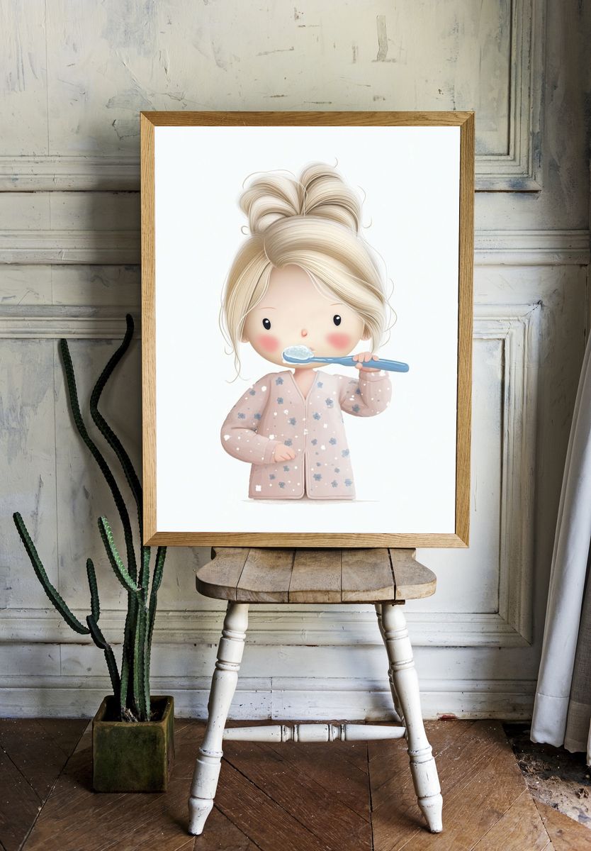 Blonde Girl Brushing Teeth Illustration Poster. — room view 1