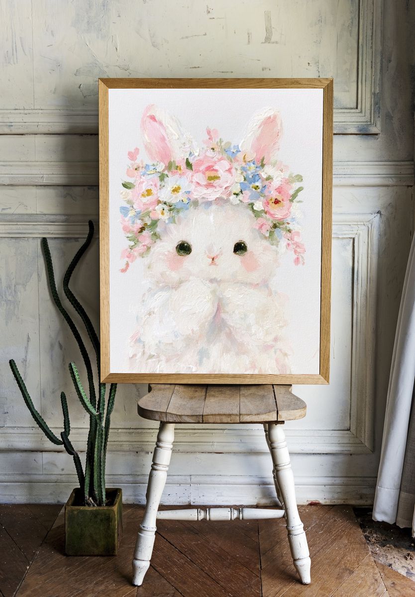 Floral Bunny Portrait Print. — room view 1
