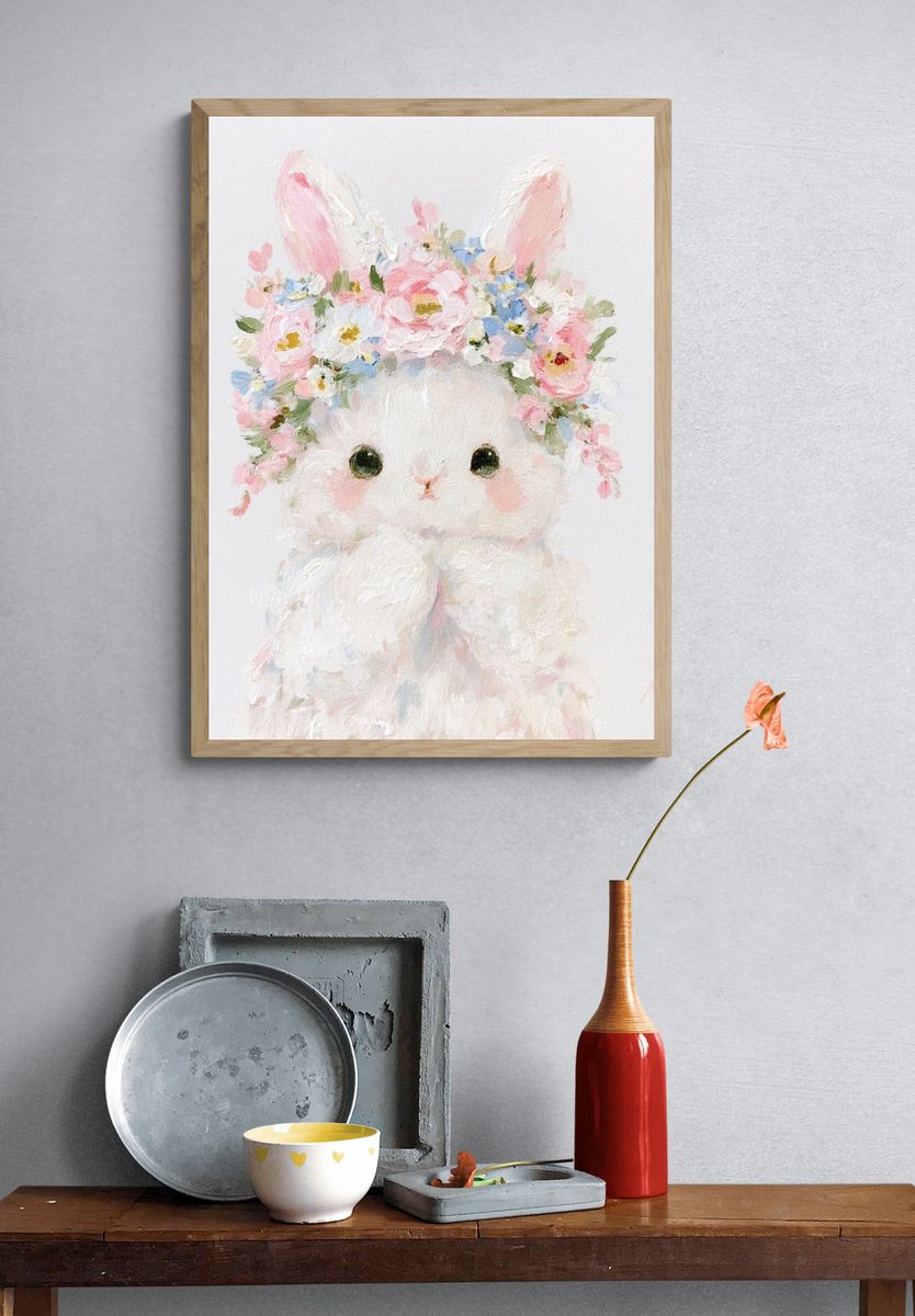 Floral Bunny Portrait Print. — room view 3