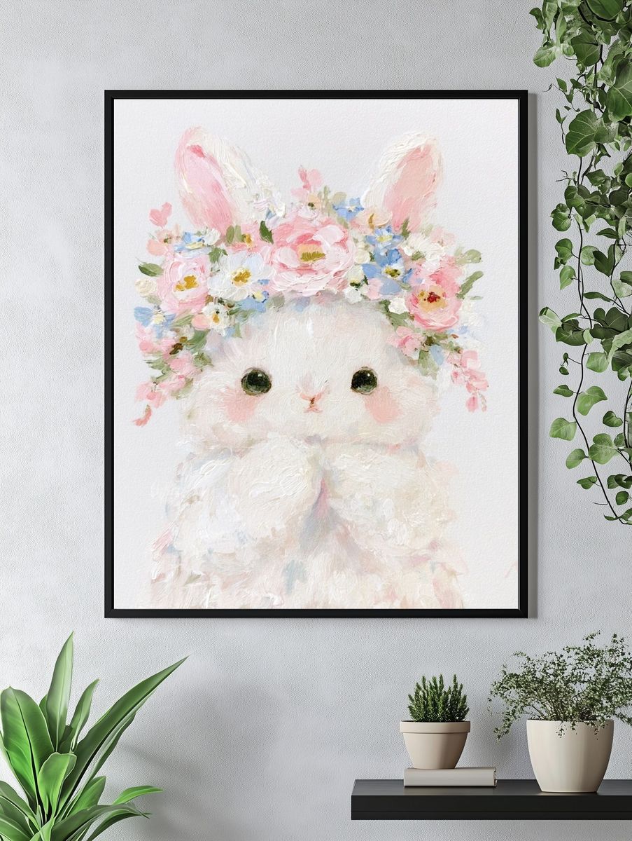 Floral Bunny Portrait Print. — room view 4