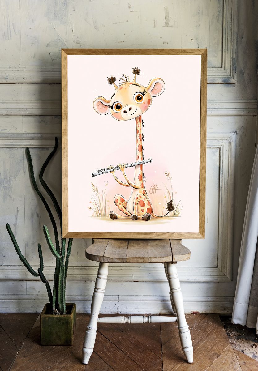 Cute Giraffe Flute Illustration Poster. room preview