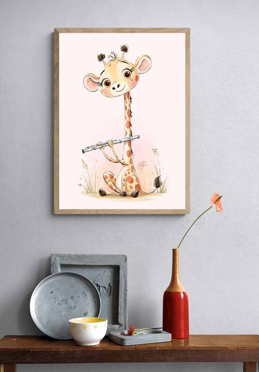 Cute Giraffe Flute Illustration Poster. — room view 3