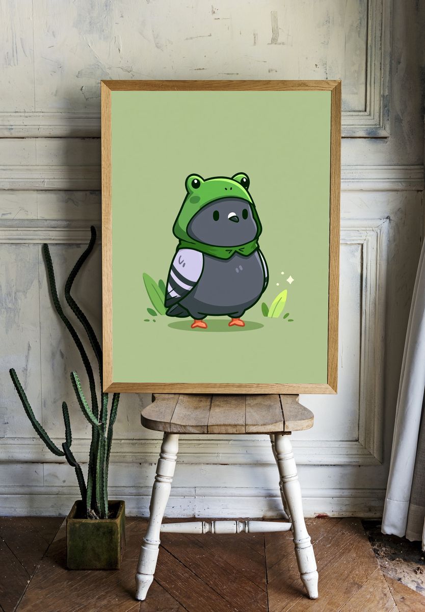 Cute Bird in Frog Hoodie Print. — room view 1