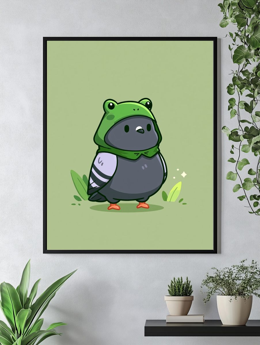 Cute Bird in Frog Hoodie Print. — room view 4