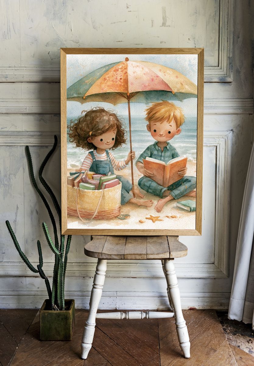 Beach Reading Kids Watercolor Print. — room view 1