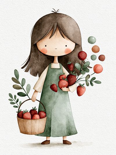 Strawberry Girl Watercolor Print. poster