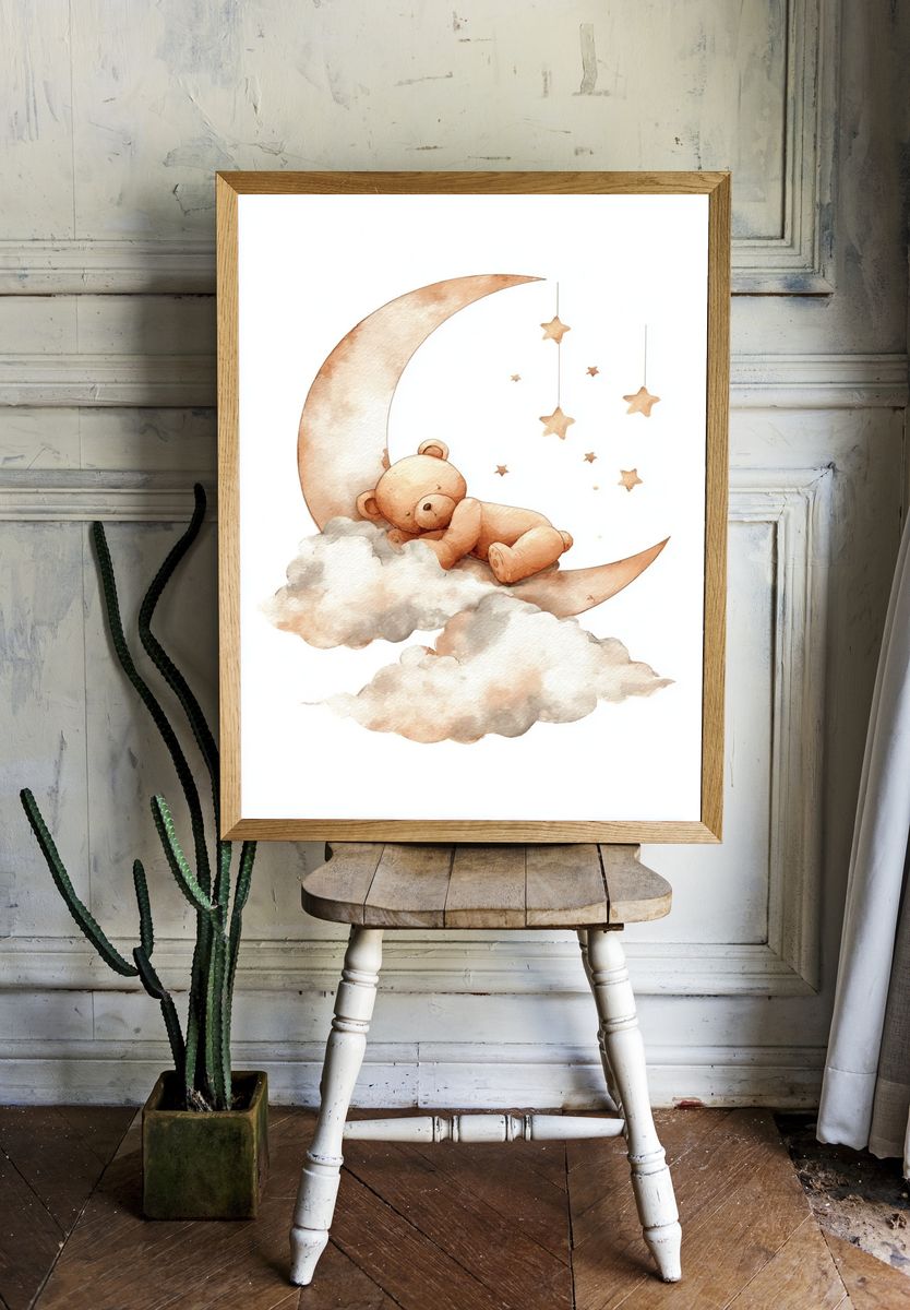 Sleeping Teddy Moon Nursery Print. — room view 1