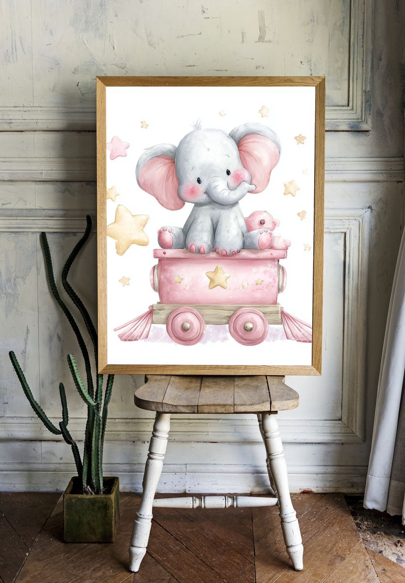 Cute Elephant on Toy Train — Kids Print. — room view 1