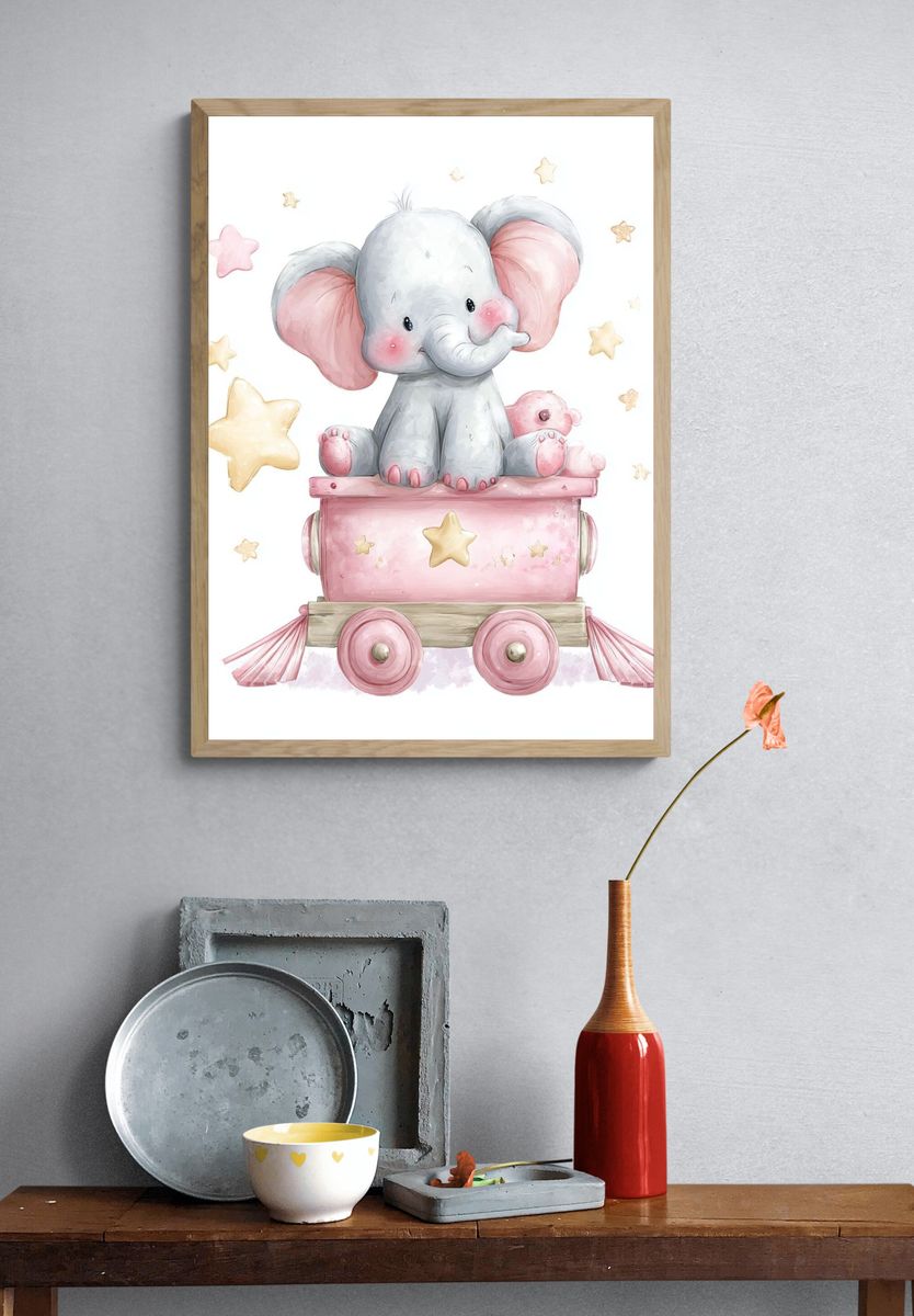 Cute Elephant on Toy Train — Kids Print. — room view 3