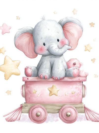 Cute Elephant on Toy Train — Kids Print. poster