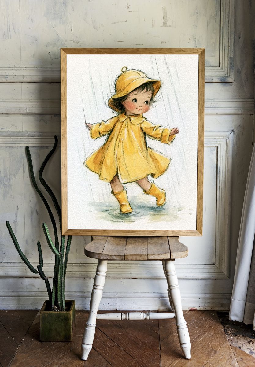 Little Girl in Yellow Raincoat Poster. room preview