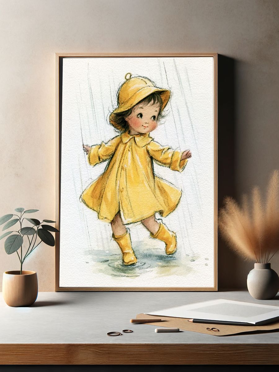 Little Girl in Yellow Raincoat Poster. — room view 2