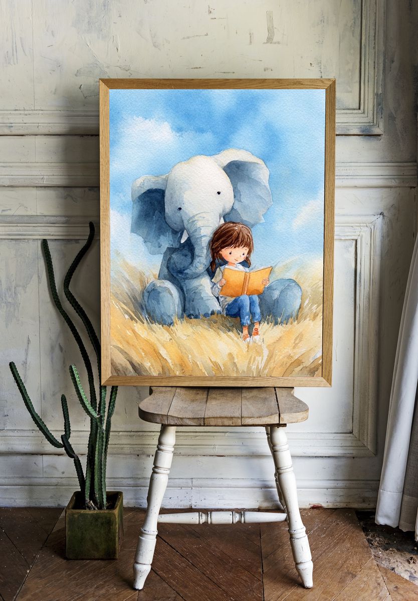 Girl Reading with Elephant — Watercolor Print. — room view 1