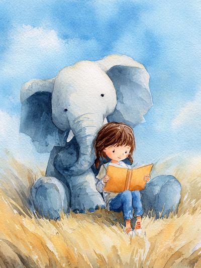 Girl Reading with Elephant — Watercolor Print. poster print